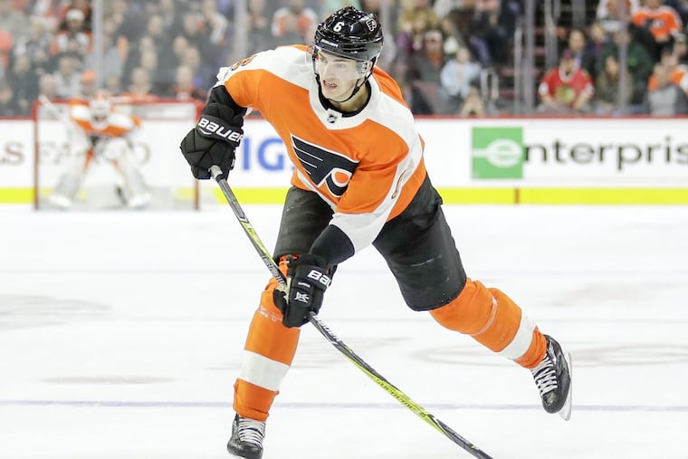 Flyers defenseman Travis Sanheim shoots the puck against the Chicago Blackhawks on Thursday, Nov. 9.