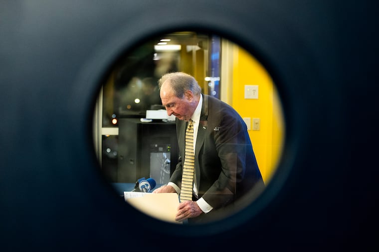 La Salle honored head men's basketball coach Fran Dunphy on Wednesday, Feb. 26, 2025, as the Explorers hosted the Duquesne Dukes. Dunphy coached his 1000th game as a Division I head coach and will be retiring at the conclusion of the season. Dunphy is viewed through the window of a door as he gathers his papers after a postgame press conference.