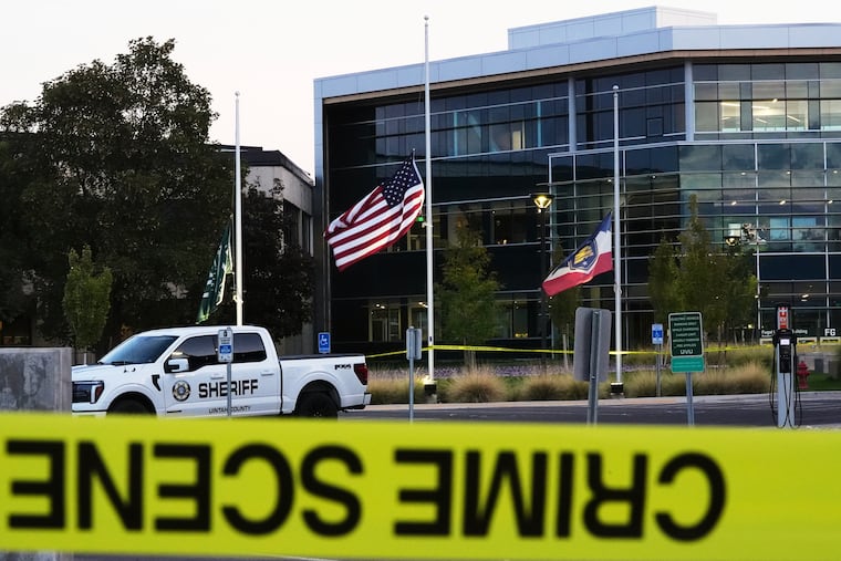 Crime scene tape on Saturday at Utah Valley University, where Charlie Kirk was shot and killed last week.
