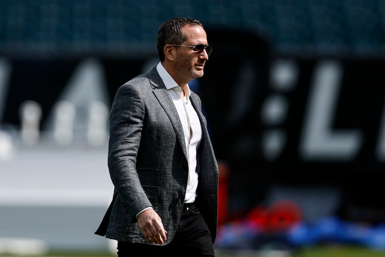 Philadelphia Eagles General Manager Howie Roseman walks on the field before the Philadelphia Eagles game against the Los Angeles Rams at Lincoln Financial Field on Sunday, Sept. 21, 2025 in Philadelphia.
