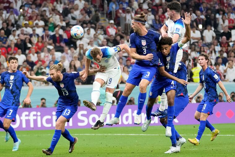Walker Zimmerman (3) watches Harry Kane (9) head a shot wide late in the U.S.-England game.