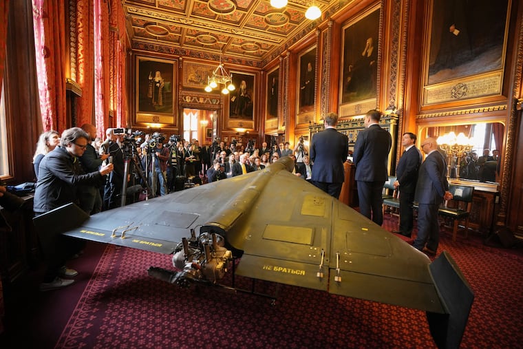 An Iranian Shahed-136 attack drone, acquired from Ukraine by United Against Nuclear Iran (UANI), is displayed at a news conference in Parliament in London, in October.