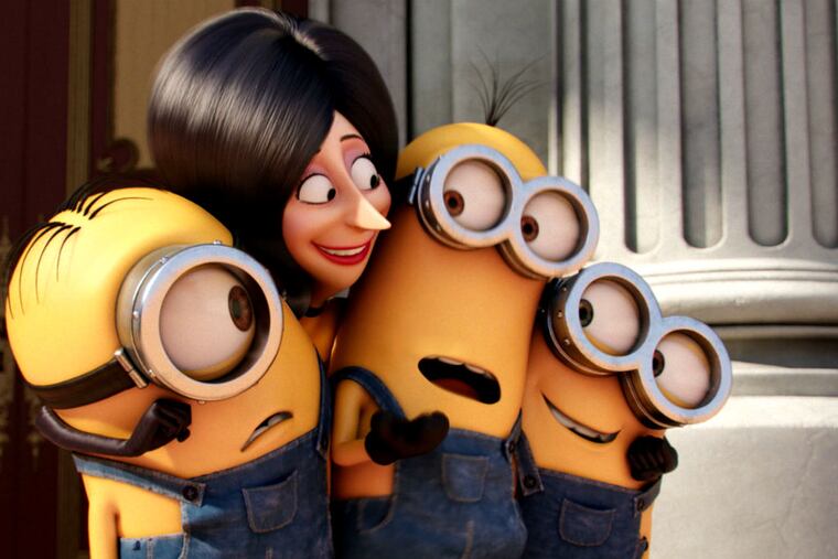 Sandra Bullock voices Scarlet Overkill, seen with minions Stuart, Kevin, and Bob. (Photo courtesy of Universal Pictures)