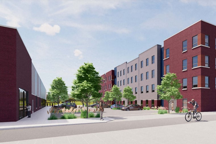 A rendering of the proposed senior apartment project on the right, as seen from street view looking southwest on West Clearfield Street. On the left is the proposed commercial space.