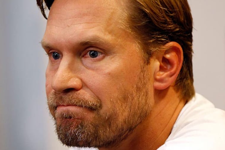 Kimmo Timonen pauses while discussing the blood clots that has affected his body. (Yong Kim/Staff Photographer)