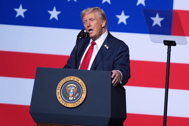 President Donald Trump speaks to a gathering of top U.S. military commanders at Marine Corps Base Quantico in Virginia on Sept. 30.