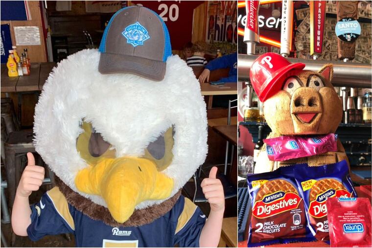 Left: The Swoop head that was swiped from a Philadelphia-themed dive bar in London. Right: Items left behind by the alleged perpetrators now decorate the establishment.