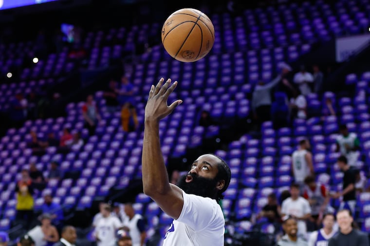 Sixers guard James Harden tosses the basketball during warm ups before the Sixers play the Boston Celtics in Game 4 of the Eastern Conference semifinal playoffs on Sunday, May 7, 2023 in Philadelphia.