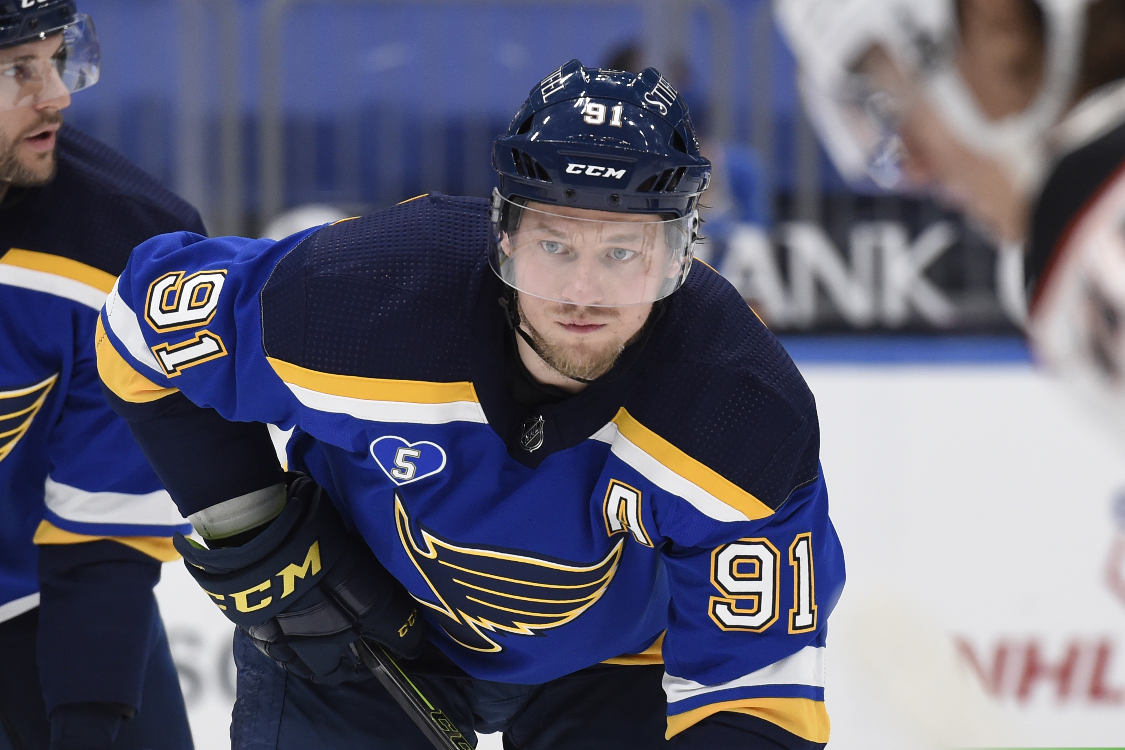 In this March 26 photo, the Blues' Vladimir Tarasenko waits for a face-off during the third period of a game against the Anaheim Ducks in St. Louis.