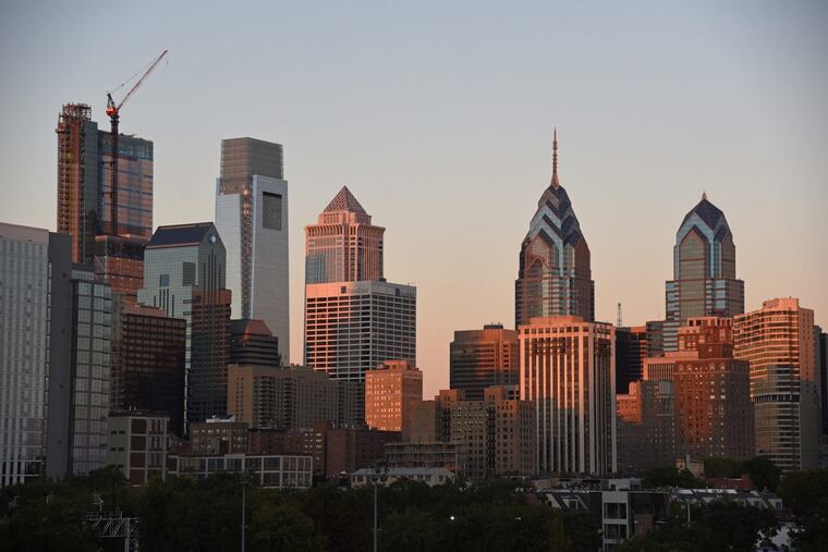 The Philadelphia skyline seen from the South Street Bridge over the Schuylkill October 1, 2017. Skyline includes the still-under-construction Comcast Technology Center and Comcast Center; One and Two Liberty Place. The city bid for the Amazon HQ2 second headquarters.