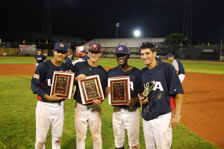 From left, Manny Machado, Bryce Harper, Brian Ragira, and Nick Castellanos with the 18U national team in 2009.