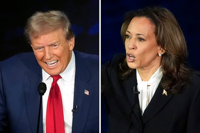 This combination of photos shows former President Donald Trump, left, and Vice President Kamala Harris during an ABC News presidential debate at the National Constitution Center on Tuesday in Philadelphia.