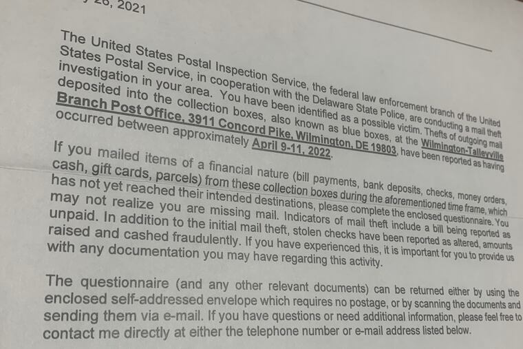 Letter from U.S. Postal Inspectors describing the theft of mail from a Wilmington post office by suspected criminals.