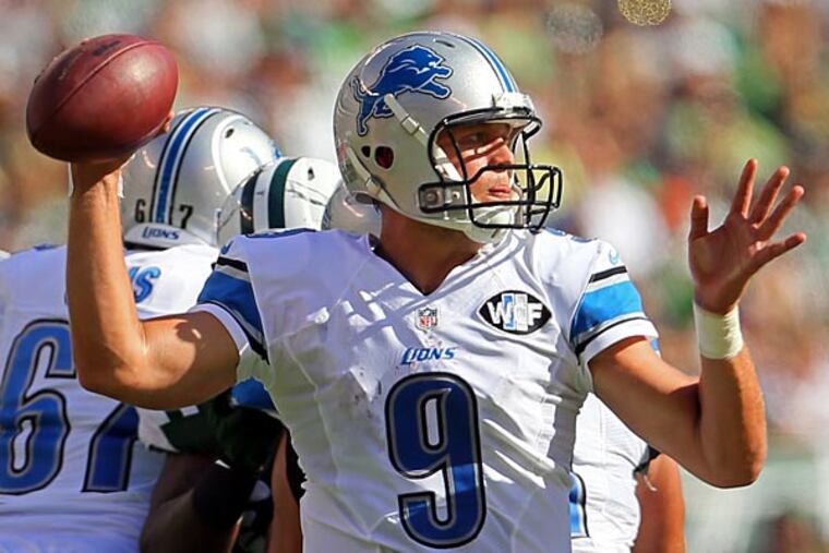 Detroit Lions quarterback Matthew Stafford (9) throws the ball against the New York Jets during the second half at MetLife Stadium. (Adam Hunger/USA Today)