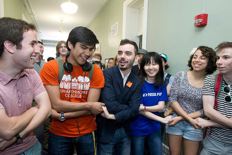 Swarthmore students end their 32-day sit-in on April 20, 2015, in a quest to push the college endowment to divest from fossil fuels. ( CHARLES FOX / Staff Photographer )