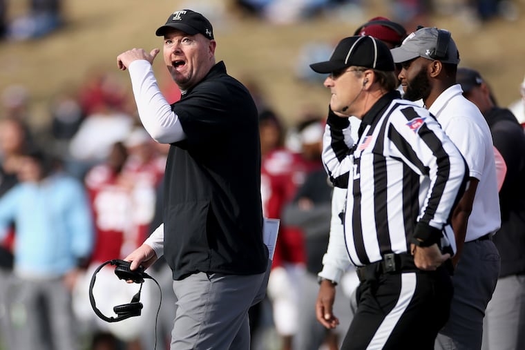 Temple head coach Rod Carey talks on the sideline during the Military Bowl against North Carolina in December.