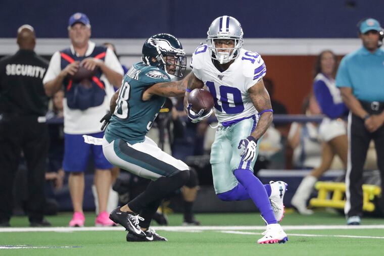 Dallas Cowboys wide receiver Tavon Austin runs past Eagles cornerback Orlando Scandrick for a touchdown on Sunday, October 20, 2019 in Arlington, TX.
