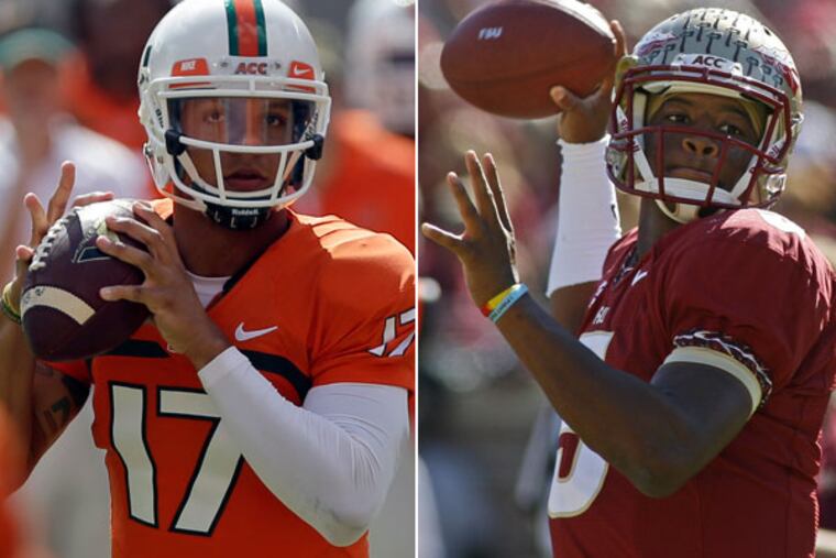 Miami quarterback Stephen Morris and FSU quarterback Stephen Morris. (Phil Sears/AP) (Alan Diaz/AP)