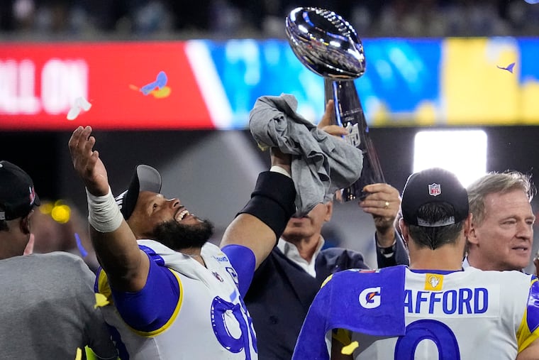 Los Angeles Rams defensive end Aaron Donald rejoices after the Super Bowl victory over the Bengals.