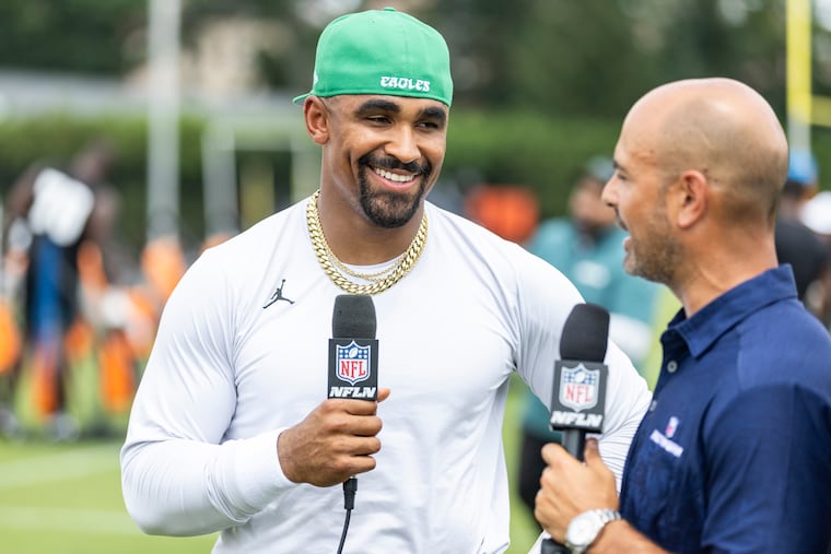 Eagles quarterback Jalen Hurts is interviewed by the NFL Network after a training camp practice.
