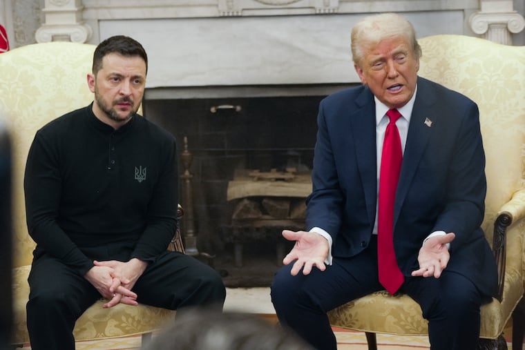 President Donald Trump, right, meets with Ukrainian President Volodymyr Zelenskyy in the Oval Office at the White House on Friday, Feb. 28, 2025.