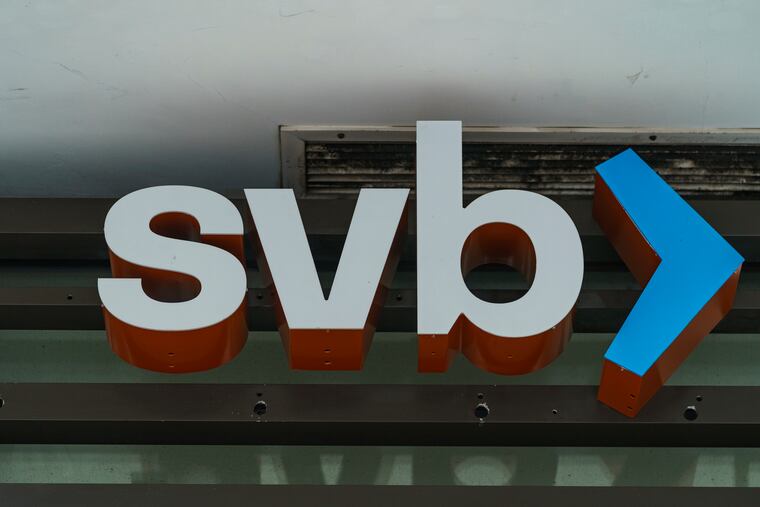 The Silicon Valley Bank logo is seen at an open branch in Pasadena, Calif., in mid-March.