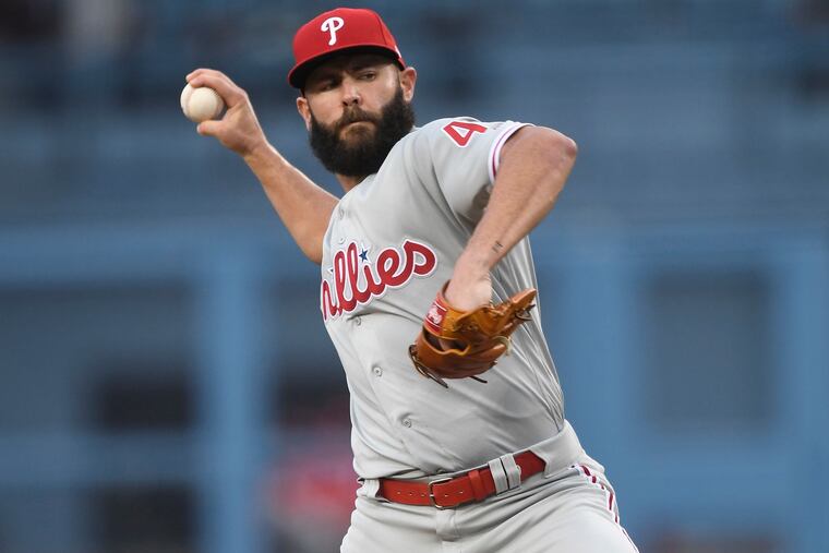LOS ANGELES, CA - MAY 31: Pitcher Jake Arrieta #49 of the Philadelphia Phillies throws against theLos Angeles Dodgers during the first inning at Dodger Stadium on May 31, 2019 in Los Angeles, California.