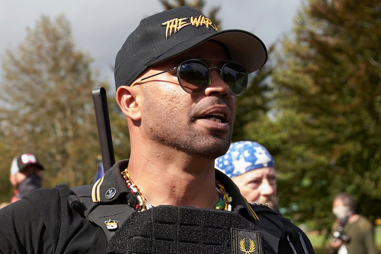 Former Proud Boys leader Enrique Tarrio speaks at a rally on Sept. 26, 2020, in Portland, Ore.