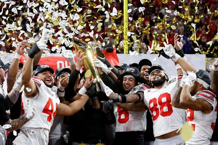Ohio State celebrates after their win against Notre Dame in the College Football Playoff national championship game.