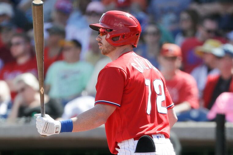 Phillies hopeful Kyle Garlick batting against the Pittsburgh Pirates in a spring training game at Spectrum Field in Clearwater, Fla., on Feb. 23.