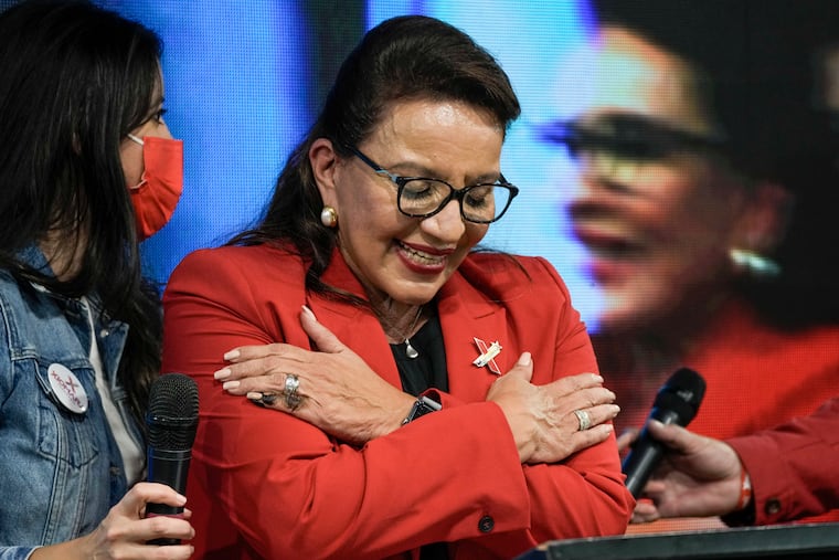 Free Party presidential candidate Xiomara Castro acknowledges her supporters after general elections, in Tegucigalpa, Honduras, on Sunday.