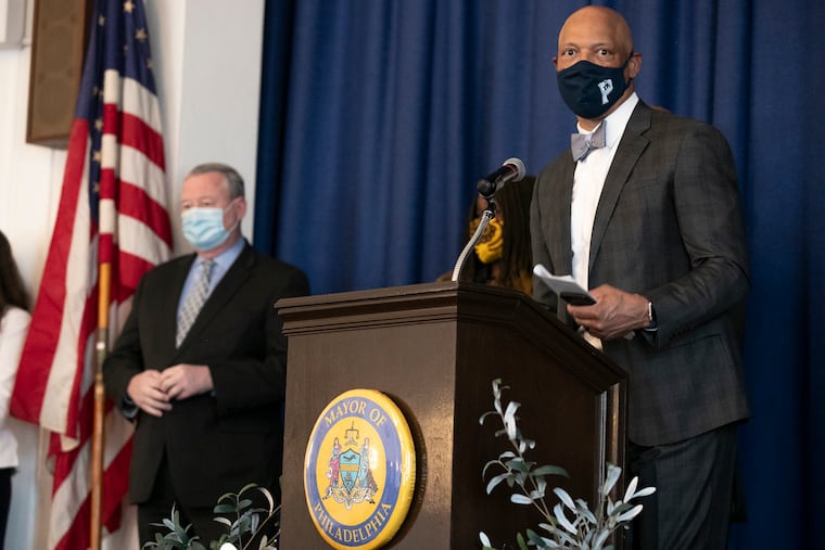 William Hit Jr., superintendent of the School District of Philadelphia, speaks during a news conference about plans for reopening in the fall at Spring Garden Elementary. The school system is planning for a full, five-day reopening for all students who want to come to school, Hite and Mayor Jim Kenney said.