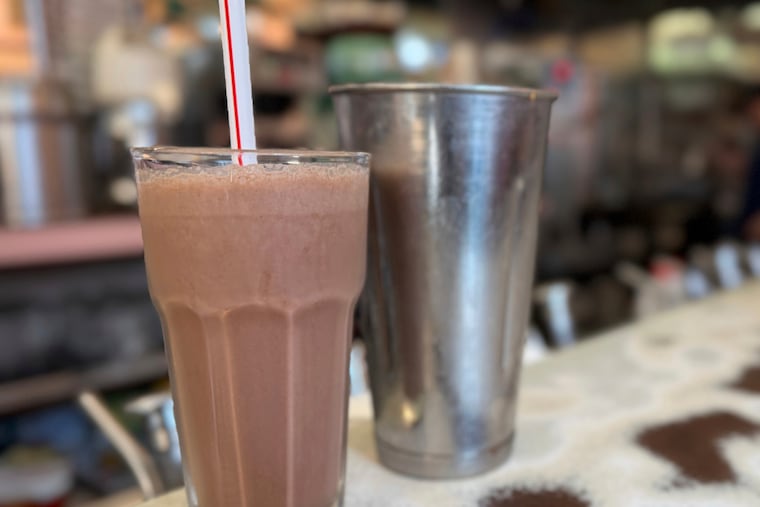 A chocolate milkshake is displayed at the Lexington Avenue Candy Shop Luncheonette in New York on Aug. 7, 2025. (AP Photo/Guido Neira)