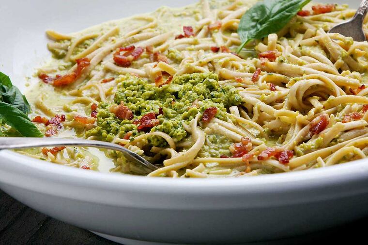 Carbonara with peas, almonds and basil.