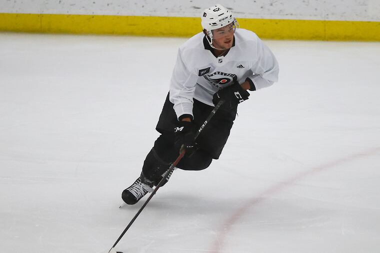 Flyers forward Tyson Foerster skates with the puck during team development camp drills at the Flyers Skate Zone in Voorhees, New Jersey on Sunday, August 29, 2021.