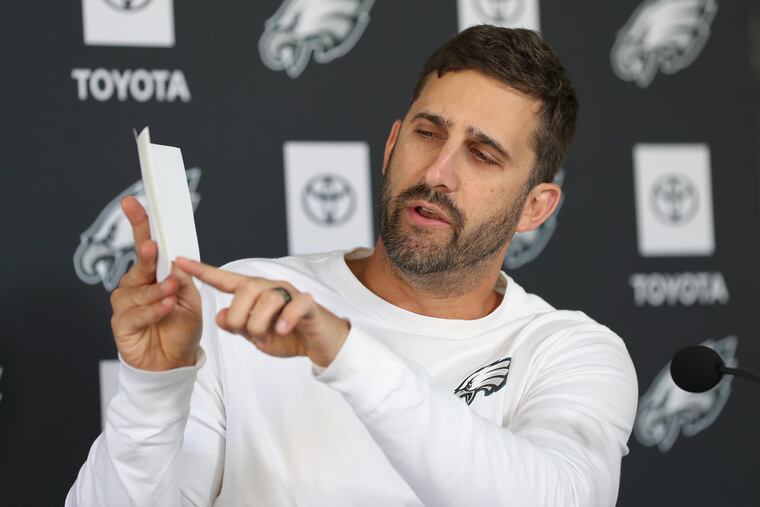 Eagles head coach Nick Sirianni makes a hypothetical example while speaking to reporters on Wednesday.