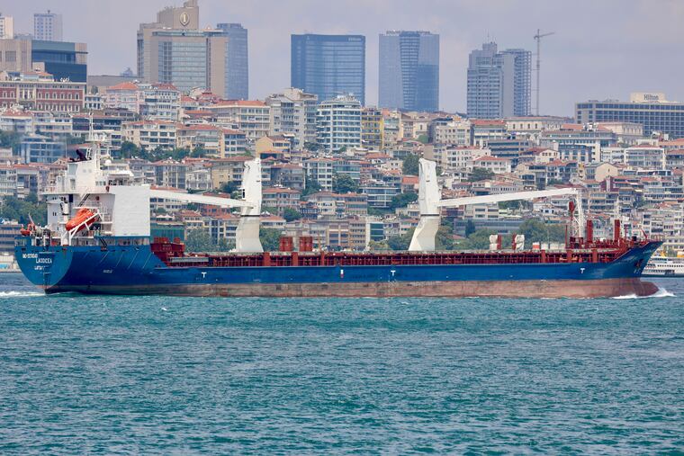 The cargo ship Laodicea sailing through the Bosphorus Strait in Istanbul, Turkey, on July 7, 2022.