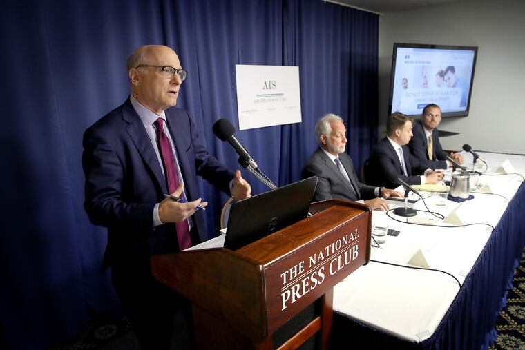 Attorney Stewart Eisenberg, left, speaks during a press conference held by the Abused in Scouting legal team Aug. 6, 2019 in Washington, D.C. The group of lawyers has claimed to have uncovered hundreds of unreported sexual abuse cases in the Boy Scouts of America organization, and filed a lawsuit yesterday in Pennsylvania. Also pictured, from left, are attorneys Tim Kosnoff, Josh Schwartz, and Andrew Van Arsdale.