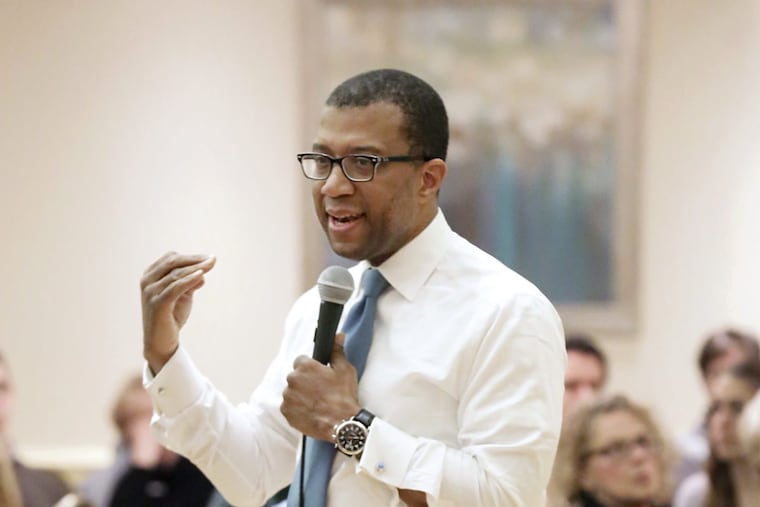 NJ Democratic gubernatorial candidate Jim Johnson speaks during the Cooper River Indivisible meeting at the Collingswood Community Center in Collingswood on March 23, 2017. ELIZABETH ROBERTSON / Staff Photographe