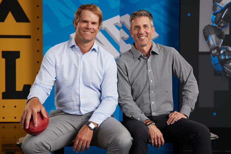 Former Carolina Panthers tight end Greg Olsen (left) and play-by-play announcer Kevin Burkhardt will be calling Eagles-Titans on Sunday.
