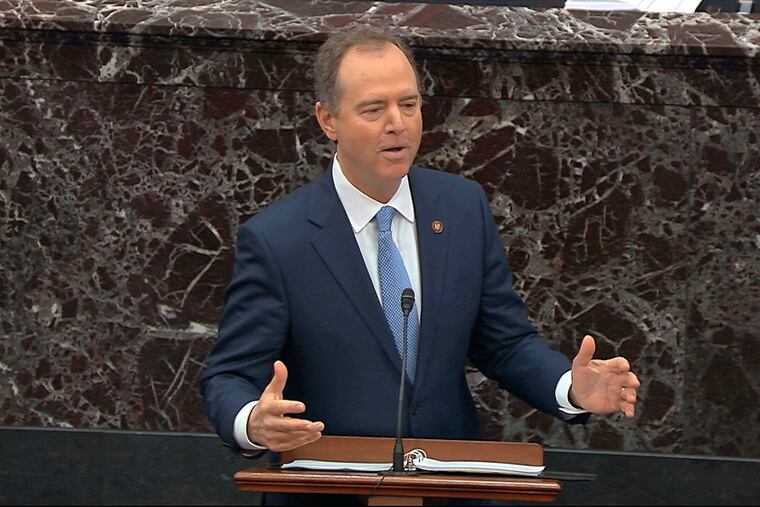 House impeachment manager Rep. Adam Schiff (D., Calif.) speaks during the impeachment trial against President Donald Trump in the Senate at the U.S. Capitol in Washington on Friday.