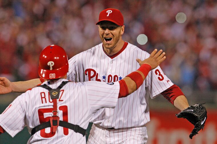 Roy Halladay and Carlos Ruiz celebrating the no-hitter in Game 1 of the NLDS at Citizens Bank Park on Oct. 6, 2010.