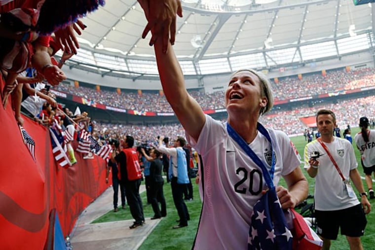 United States forward Abby Wambach (20) celebrates after defeating Japan in the final of the FIFA 2015 Women's World Cup at BC Place Stadium. United States won 5-2. (Michael Chow/USA Today)