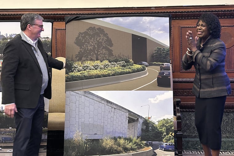 Mayor Cherelle L. Parker and Pennsylvania Secretary of Transportation Michael B. Carroll unveil a mockup of what the city's new beautification efforts ahead of this summer will look like near 30th Street Station.