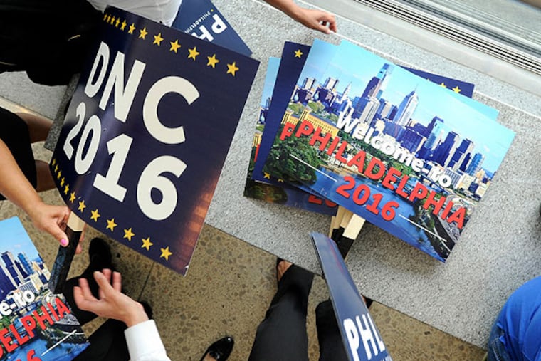 Placards promoting Philadelphia as the host city of the Democratic National Convention in 2016, while the Democratic National Committee was touring the city in August.