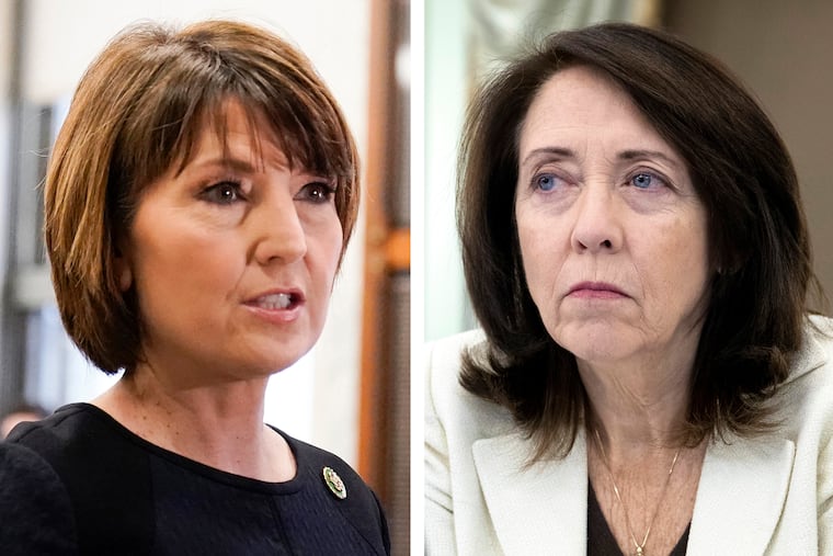 This combination of photos taken on Capitol Hill in Washington shows Rep. Cathy McMorris Rodgers, R-Wash., on March 23, 2023, left, and Sen. Maria Cantwell, D-Wash., in 2021.