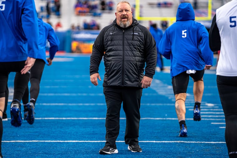 Boise State special teams coordinator Stacy Collins shown before a game this season. He previously coached at Penn State for two seasons.