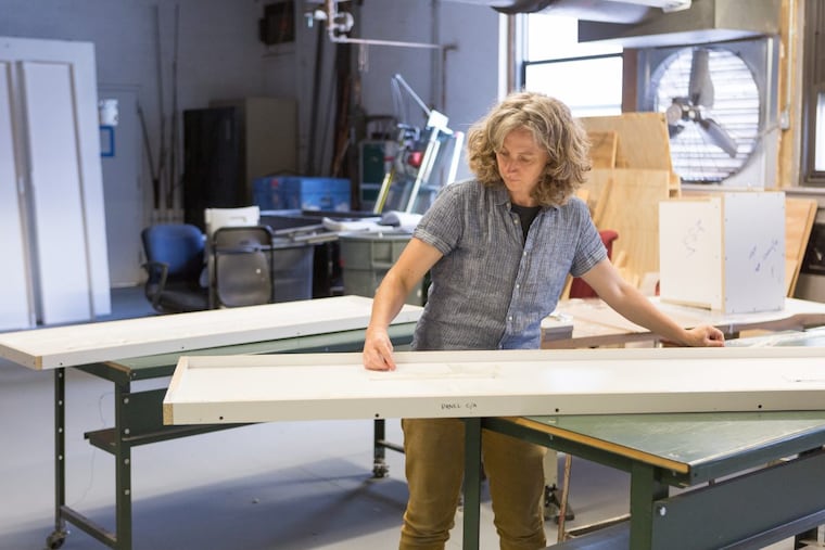 Artist Sharon Hayes working in her studio on If They Should Ask, her sculptural configuration for Monument Lab now in Rittenhouse Square. Steve Weinik for Mural Arts Philadelphia