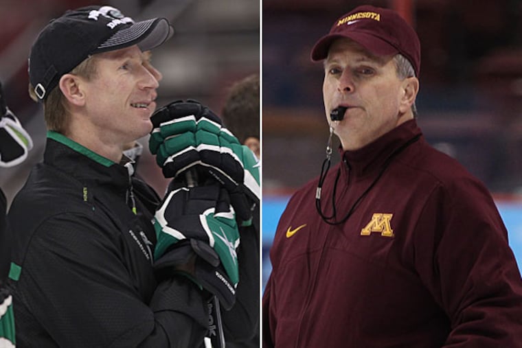 North Dakota head coach Dave Hakstol and Minnesota head coach Don Lucia. (Michael Bryant/Staff Photographer)