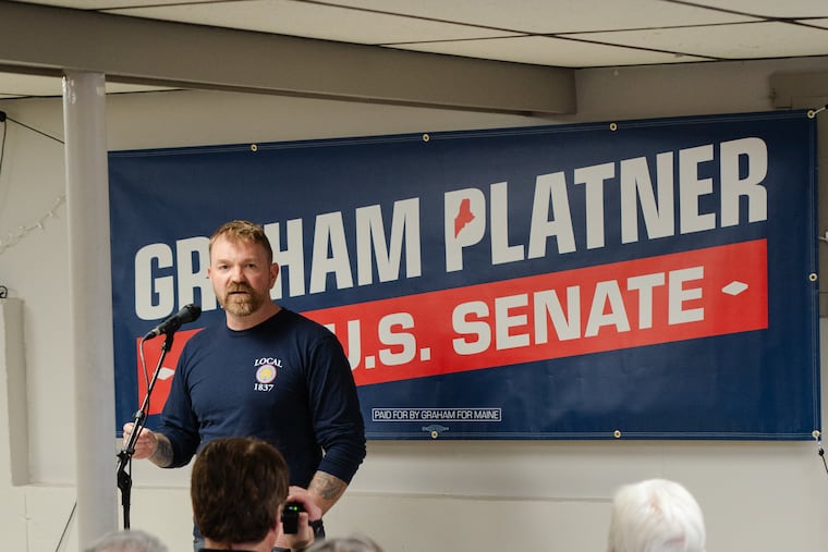 Graham Platner, the presumptive Democratic Senate nominee in Maine, speaks at a town hall-style campaign event in Sabattus, Maine, April 29, 2026. Platner's wife told the campaign he had sent sexual messages to other women.